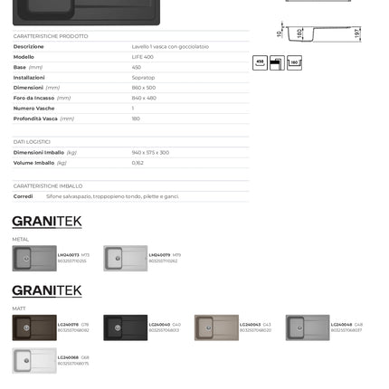 Elleci - Lavello Da Incasso reversibile In Composito Granitek Con Due Vasche + Appoggio - Misura: 86x50 cm - Colore: Nero - Modello: Life