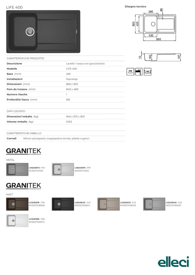 Elleci - Lavello Da Incasso reversibile In Composito Granitek Con Due Vasche + Appoggio - Misura: 86x50 cm - Colore: Nero - Modello: Life
