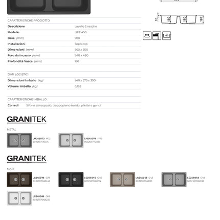 Elleci - Lavello da incasso in composito Granitek 86x50 cm 2 vasche - Colore: Bianco - Modello: Life