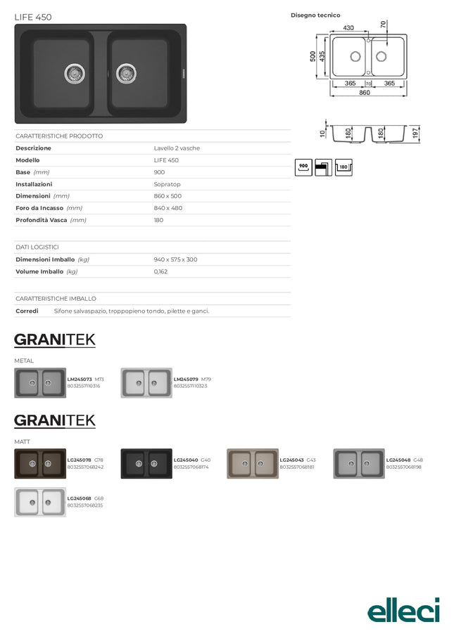 Elleci - Lavello da incasso in composito Granitek 86x50 cm 2 vasche - Colore: Bianco - Modello: Life