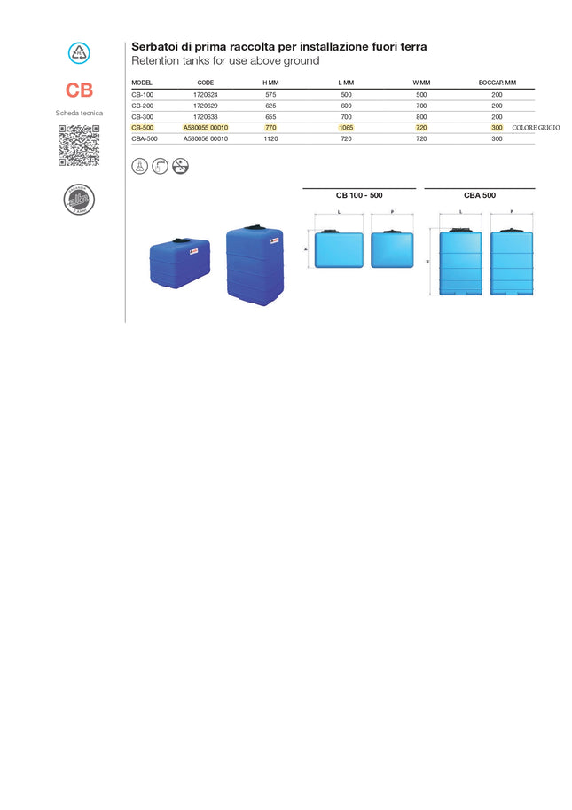ELBI - Serbatoio Polietilene Cubico 500 L - Colore: Grigio (tonalità di colore indicativa)