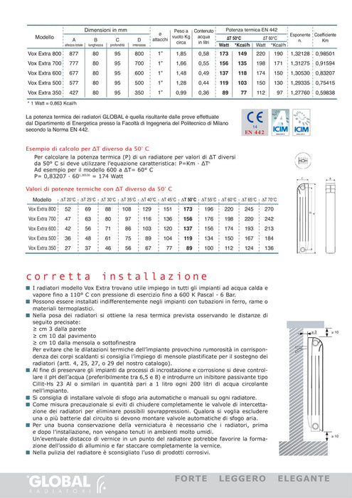 Global - Radiatore in alluminio Vox Extra interasse 600 altezza 700 - Singolo Elemento