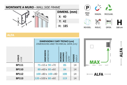 Forte - Box doccia angolare riducibile apertura laterale a soffietto 80-60x120-100 cm altezza 185 cm - Serie Colibrì Plus Alfa
