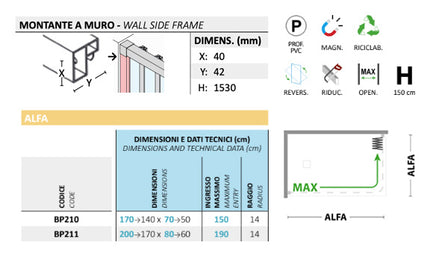 Forte - Box vasca angolare riducibile apertura laterale a soffietto 170x70 cm altezza 150 cm - Serie Colibrì Plus Alfa
