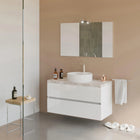 Savinidue - Mobile Da Bagno Sospeso 100 Cm Con Due Cassetti Chiusura Rallentata, Specchio E Lampada Led - Colore Mobile: Bianco Lucido - Colore Top: Beton (Lavabo Porcellana E Miscelatore Esclusi)