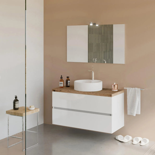 Savinidue - Mobile Da Bagno Sospeso 100 Cm Con Due Cassetti Chiusura Rallentata, Specchio E Lampada Led - Colore Mobile: Bianco Lucido - Colore Top: Rovere Naturale (Lavabo Porcellana E Miscelatore Esclusi)