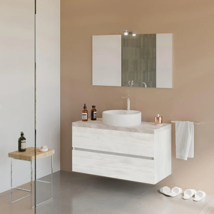 Savinidue - Mobile Da Bagno Sospeso 100 Cm Con Due Cassetti Chiusura Rallentata, Specchio E Lampada Led - Colore Mobile: Rovere Bianco - Colore Top: Beton (Lavabo Porcellana E Miscelatore Esclusi)