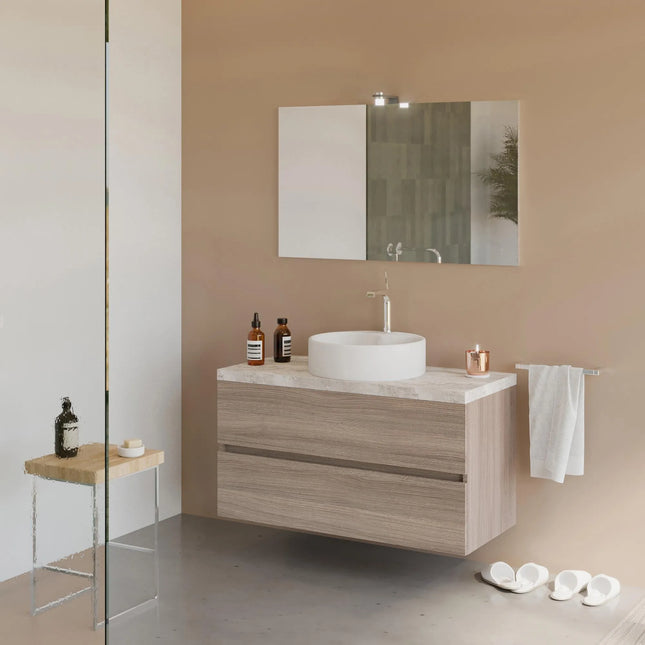 Savinidue - Mobile Da Bagno Sospeso 100 Cm Con Due Cassetti Chiusura Rallentata, Specchio E Lampada Led - Colore Mobile: Rovere Fumo - Colore Top: Beton (Lavabo Porcellana E Miscelatore Esclusi)