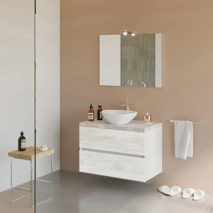Savinidue - Mobile Da Bagno Sospeso 80 Cm Con Due Cassetti Chiusura Rallentata, Specchio E Lampada Led - Colore Mobile: Rovere Bianco - Colore Top: Beton (Lavabo Porcellana E Miscelatore Esclusi)