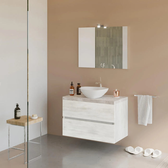 Savinidue - Mobile Da Bagno Sospeso 80 Cm Con Due Cassetti Chiusura Rallentata, Specchio E Lampada Led - Colore Mobile: Rovere Bianco - Colore Top: Beton (Lavabo Porcellana E Miscelatore Esclusi)
