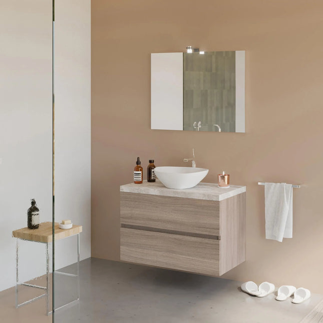 Savinidue - Mobile Da Bagno Sospeso 80 Cm Con Due Cassetti Chiusura Rallentata, Specchio E Lampada Led - Colore Mobile: Rovere Fumo - Colore Top: Beton (Lavabo Porcellana E Miscelatore Esclusi)