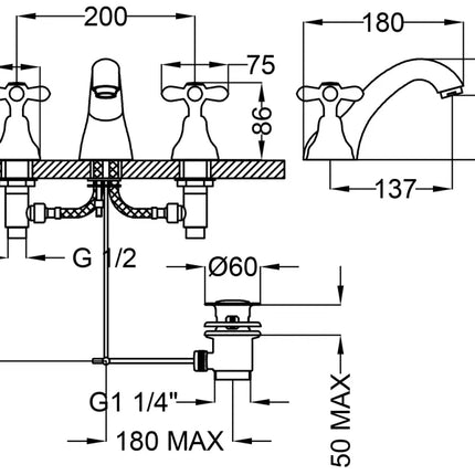 Teorema - Batteria Lavabo Tre Fori Con Canna Bassa - Serie: Daisy - Colore: Cromato - Articolo: 70312110X4