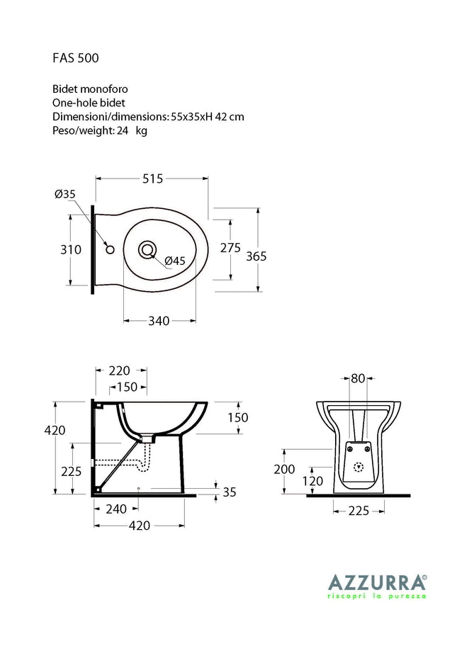Azzurra - Bidet Filo Parete Porcellana Bianco - Serie: Fast
