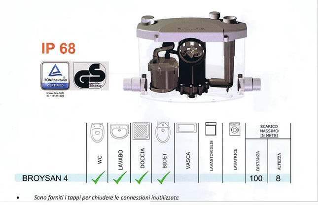 Planus - Broysan 4 Trituratore Wc 230 V Bianco Cassetta Trituratrice Con 7 Attacchi E Tappi Di Chiusura