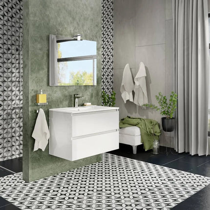 Savinidue - Cube Composizione Sospesa A 2 Cassetti Colore Bianco Da 80Cm (Compreso Lavabo - Lampada - Specchiera)