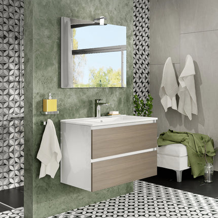 Savinidue - Cube Composizione Sospesa A 2 Cassetti Colore Rovere Grigio Da 80Cm (Compreso Lavabo - Lampada - Specchiera)