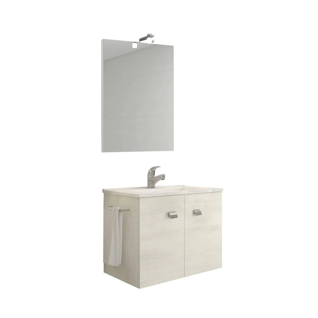 Savinidue - Mobile Da Bagno Sospeso 60 Cm Con Specchio, Lavabo E Lampada Led - Colore: Rovere Bianco (Miscelatore Lavabo Escluso)
