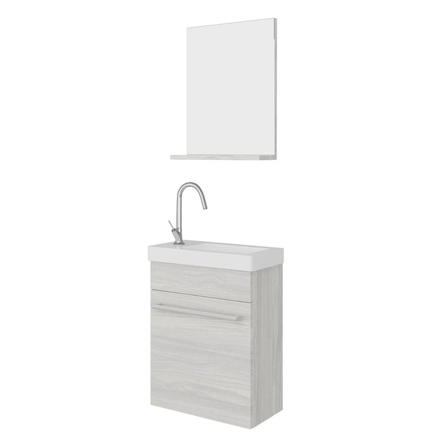 Savinidue - Mobile Da Bagno Sospeso 42 Cm Con Lavabo In Ceramica E Specchiera Con Mensola (Miscelatore Lavabo Escluso) - Colore: Rovere Grigio