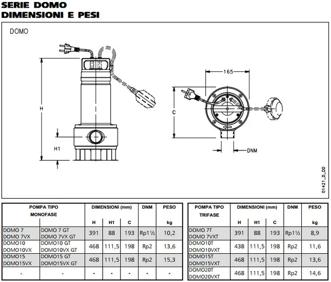 Lowara - Elettropompa Sommergibile Per Acque Sporche 1,1 Hp 220 V Con Girante Vortex - Modello: Domo 10VX