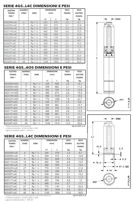 Lowara - Elettropompa Sommersa 4 GS 1 HP 220 V In Acciaio Inox Per Pozzo - Articolo: 104070200
