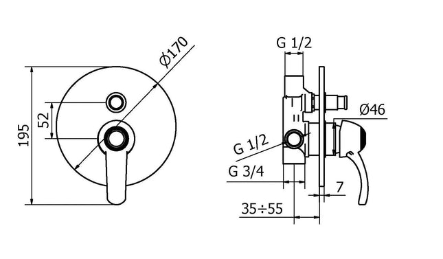 Teorema - Miscelatore Incasso Doccia Con Deviatore E Leva Di Porcellana - Serie: Dune - Colore: Cromo