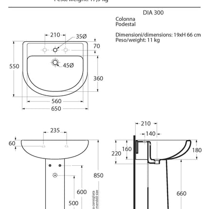 Azzurra - Colonna Per Lavabo Porcellana Bianco - Serie: Diana/Elios