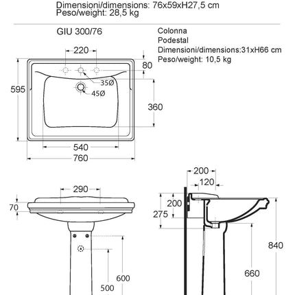 Azzurra - Lavabo Con Alzatina 76 Cm Porcellana Bianco - Serie: Giunone (Senza Colonna)