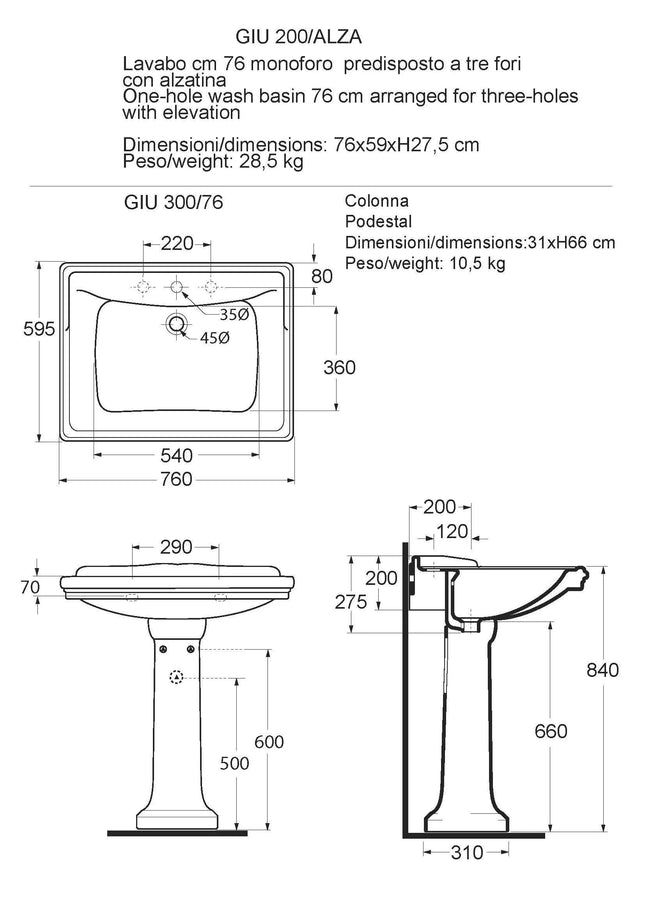 Azzurra - Lavabo Con Alzatina 76 Cm Porcellana Bianco - Serie: Giunone (Senza Colonna)