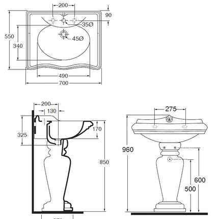 Azzurra - Lavabo Con Alzatina 70 Cm Porcellana Bianco - Serie: Jubilaeum (Senza Colonna)
