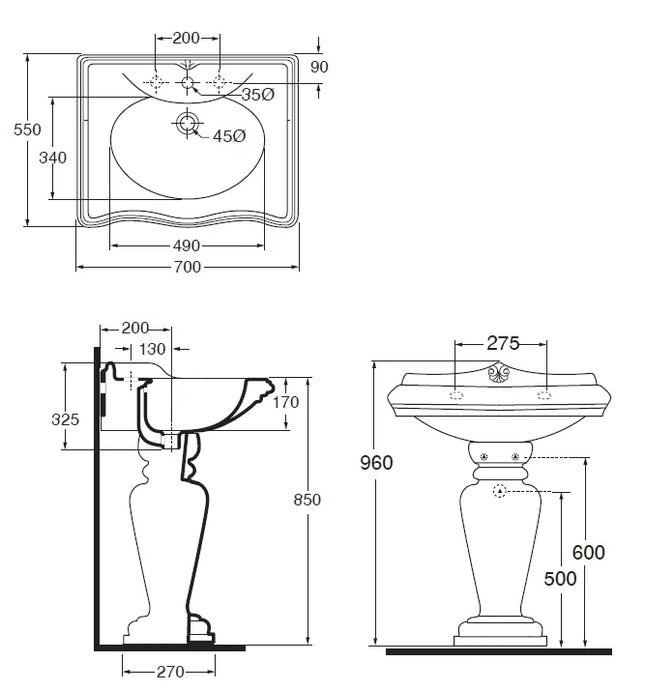Azzurra - Lavabo Con Alzatina 70 Cm Porcellana Bianco - Serie: Jubilaeum (Senza Colonna)