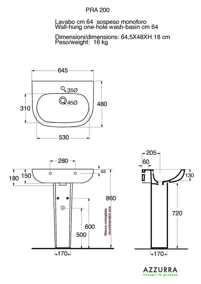 Azzurra - Lavabo Porcellana Bianco 64,5 Cm - Serie: Pratica (Senza Colonna)