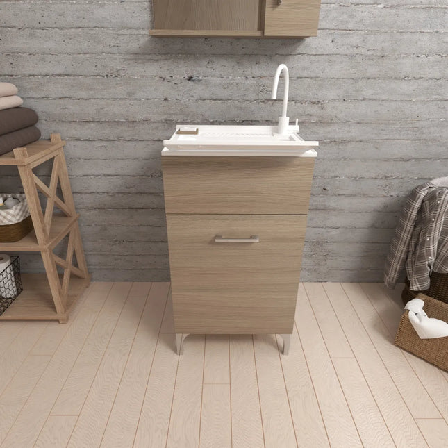Savinidue - Lavatoio In Resina Con Mobile In Legno L.45 X P.50 - Colore: Rovere Fumo