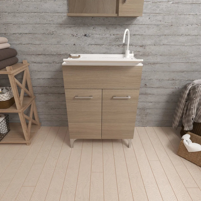 Savinidue - Lavatoio In Resina Con Mobile In Legno L.60 X P.50 - Colore: Rovere Fumo