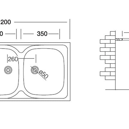 Lavello Cucina In Acciaio Inox Ad Appoggio Da 120 Cm Con Bordino Posteriore 2 Vasche A Destra Con Gocciolatoio A Sinistra