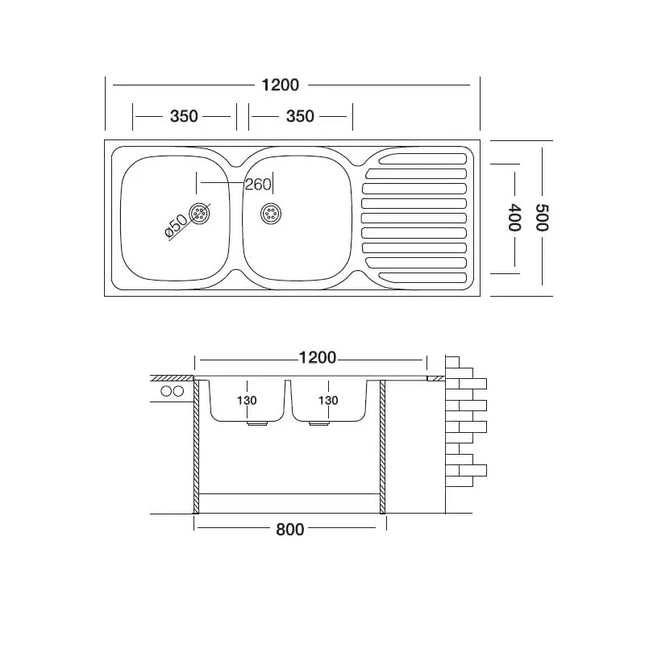 Lavello Cucina In Acciaio Inox Ad Appoggio Da 120 Cm Con Bordino Posteriore 2 Vasche A Sinistra Con Gocciolatoio A Destra