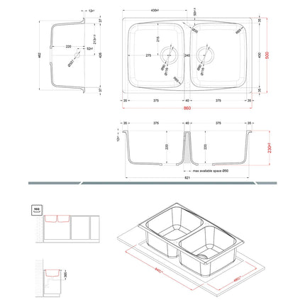 Elleci - Lavello Cucina In Vetroresina Granitek Da Incasso 86x50 cm A 2 Vasche Colore Avena - Serie Master 450 - Codice: LGM45051
