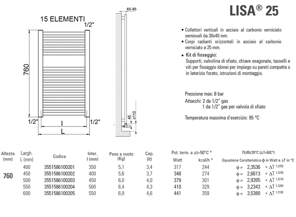 Cordivari - Lisa 25 Radiatore Scaldasalviette 76X45 Interasse 40 Cm - Colore: Bianco