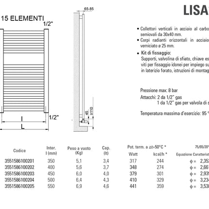 Cordivari - Lisa 25 Radiatore Scaldasalviette 76X60 Interasse 55 Cm - Colore: Bianco