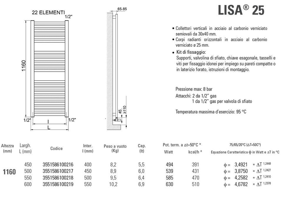 Cordivari - Lisa 25 Radiatore Scaldasalviette 116X50 Interasse 45 Cm - Colore: Cromo