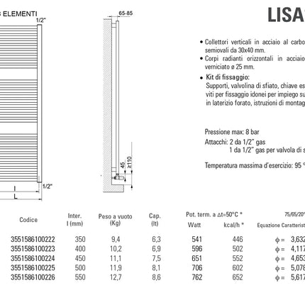 Cordivari - Lisa25 Radiatore Scaldasalviette H1411X450 Interasse 400 Mm - Colore: Cromo