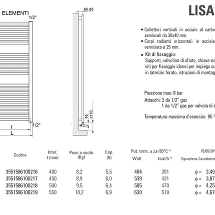 Cordivari - Lisa 25 Radiatore Scaldasalviette 116X60 Interasse 55 Cm - Colore: Cromo