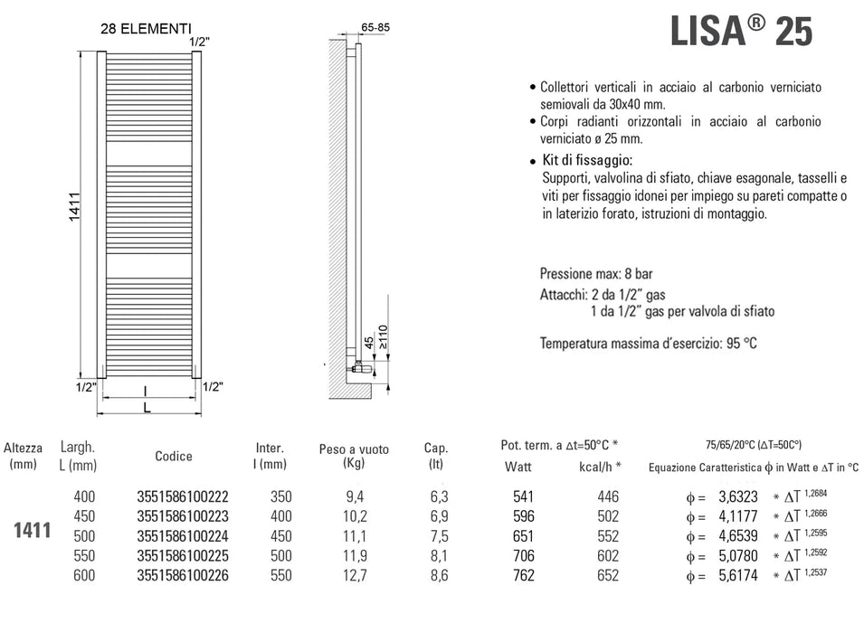 Cordivari - Lisa25 Radiatore Scaldasalviette H1411X550 Interasse 500 Mm - Colore: Bianco