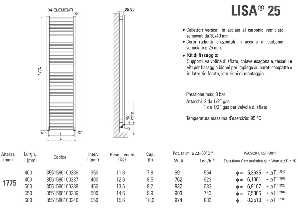 Cordivari - Lisa25 Radiatore Scaldasalviette H1775X450 Interasse 400 Mm - Colore: Bianco