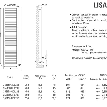 Cordivari - Lisa25 Radiatore Scaldasalviette H1775X600 Interasse 550 Mm - Colore: Bianco