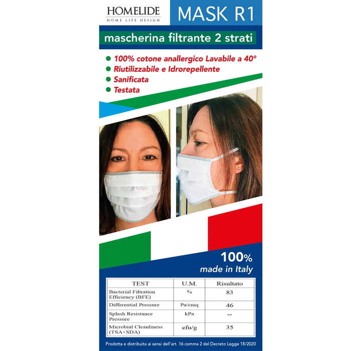 Mascherina Mask R1 Filtrante In Cotone Anallergico Lavabile 2 Strati Riutilizzabile