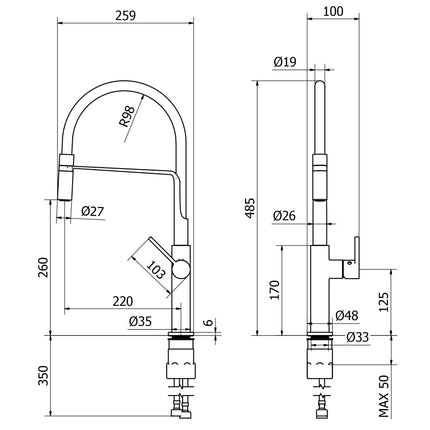 Teorema - Miscelatore Lavello Con Tubo Siliconico Nero E Doccia Orientabile