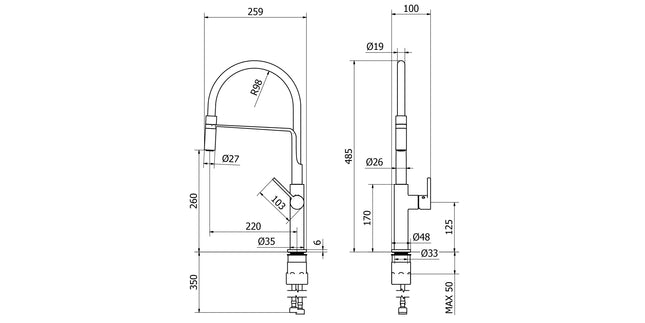 Teorema - Miscelatore Lavello Con Tubo Siliconico Nero E Doccia Orientabile