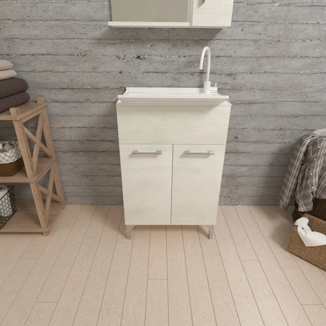 Savinidue - Lavatoio In Resina Con Mobile In Legno L.50 X P.50 - Colore: Rovere Bianco