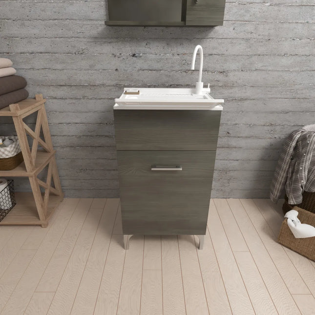 Savinidue - Lavatoio In Resina Con Mobile In Legno L.45 X P.50 - Colore: Rovere Scuro