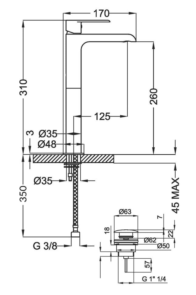 Teorema - Miscelatore Lavabo Alto Cromato Senza Scarico - Serie: Xs